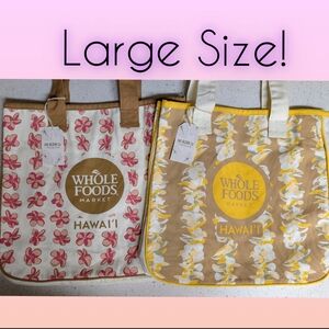 Whole Foods Hawaii Pink & Yellow Plumeria LARGE Rope Tote Bag